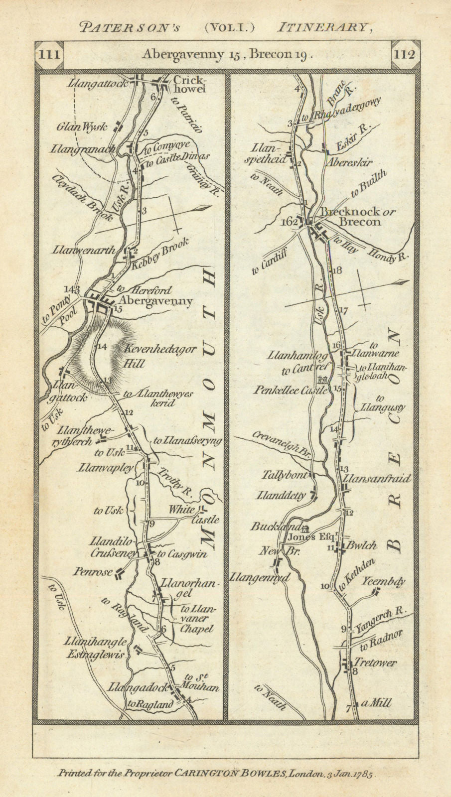 Abergavenny - Crickhowell - Brecon road strip map PATERSON 1785 old